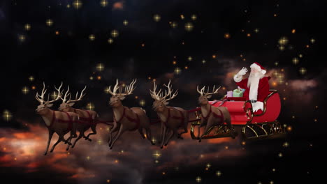animation of snow falling over christmas santa claus in sleigh with reindeer