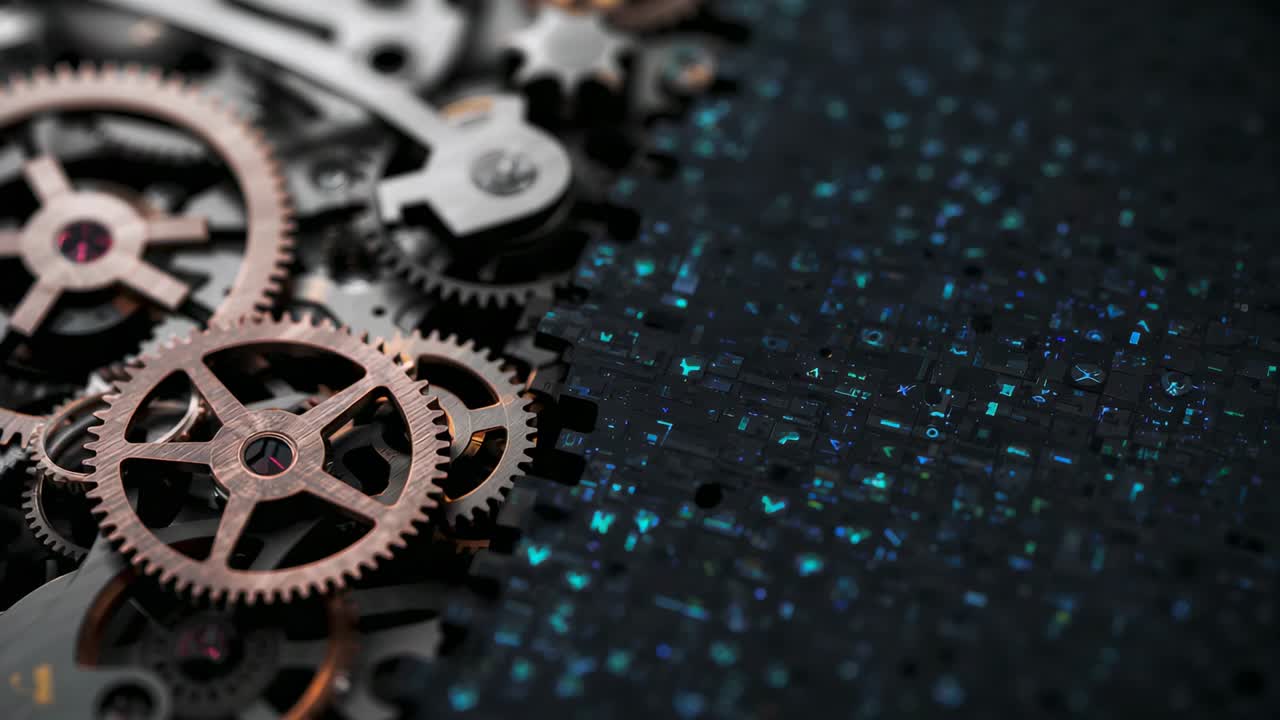 Tightening focus showing bronze gears and silver pivot rotating ruby glinting teal tiles pulsing