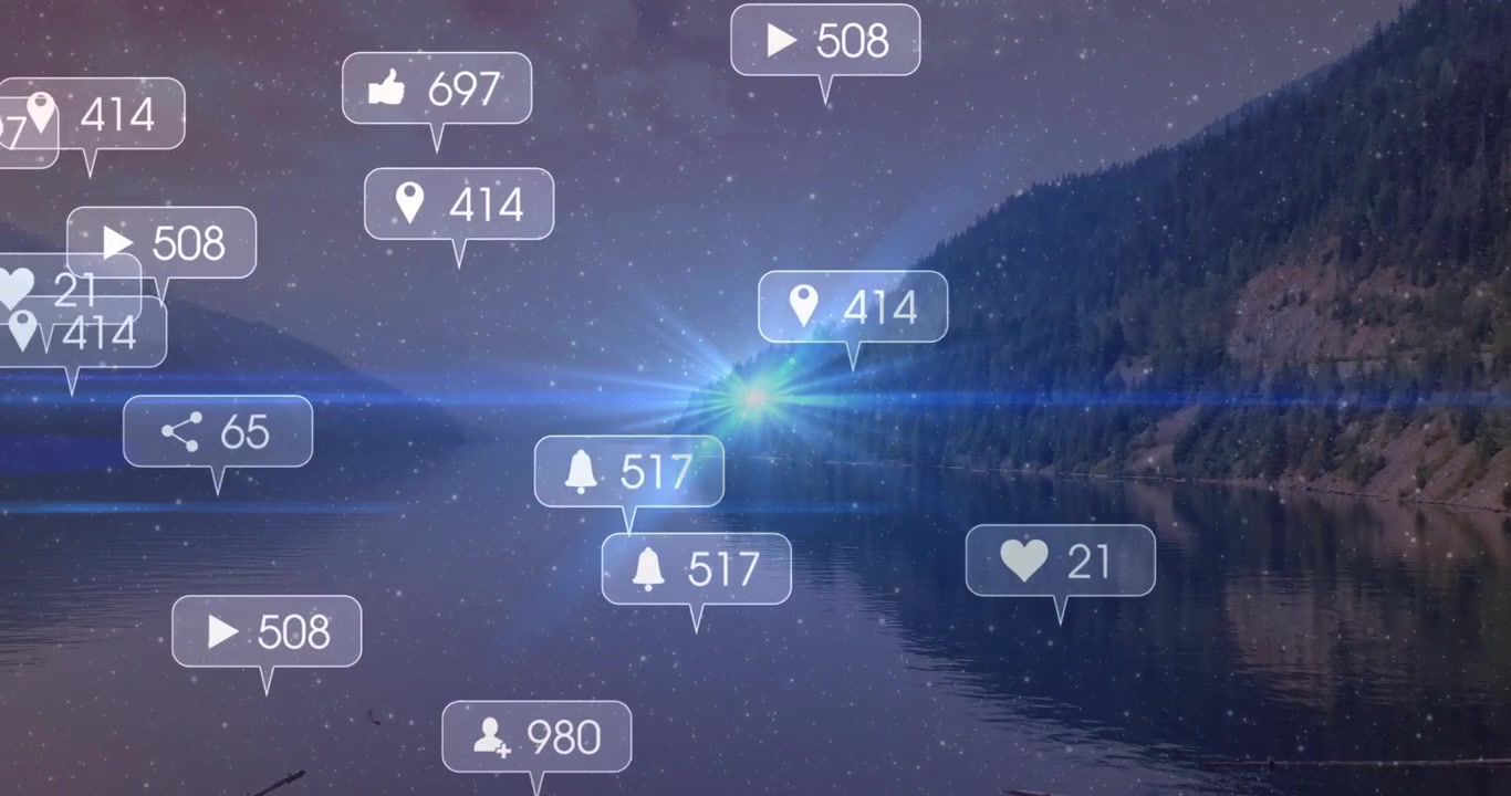 Notification icons rising from left, drifting and clustering around blue flare, showing engagement