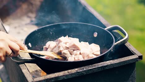 close-up slow motion meat is roasted in cauldron on coals on a brazier in oil