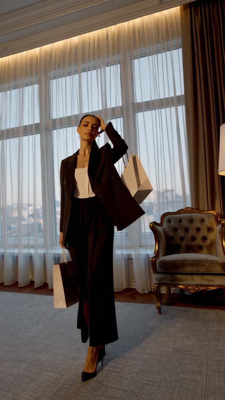 Elegant Woman in a Suit with Shopping Bags in a Luxury Hotel Room
