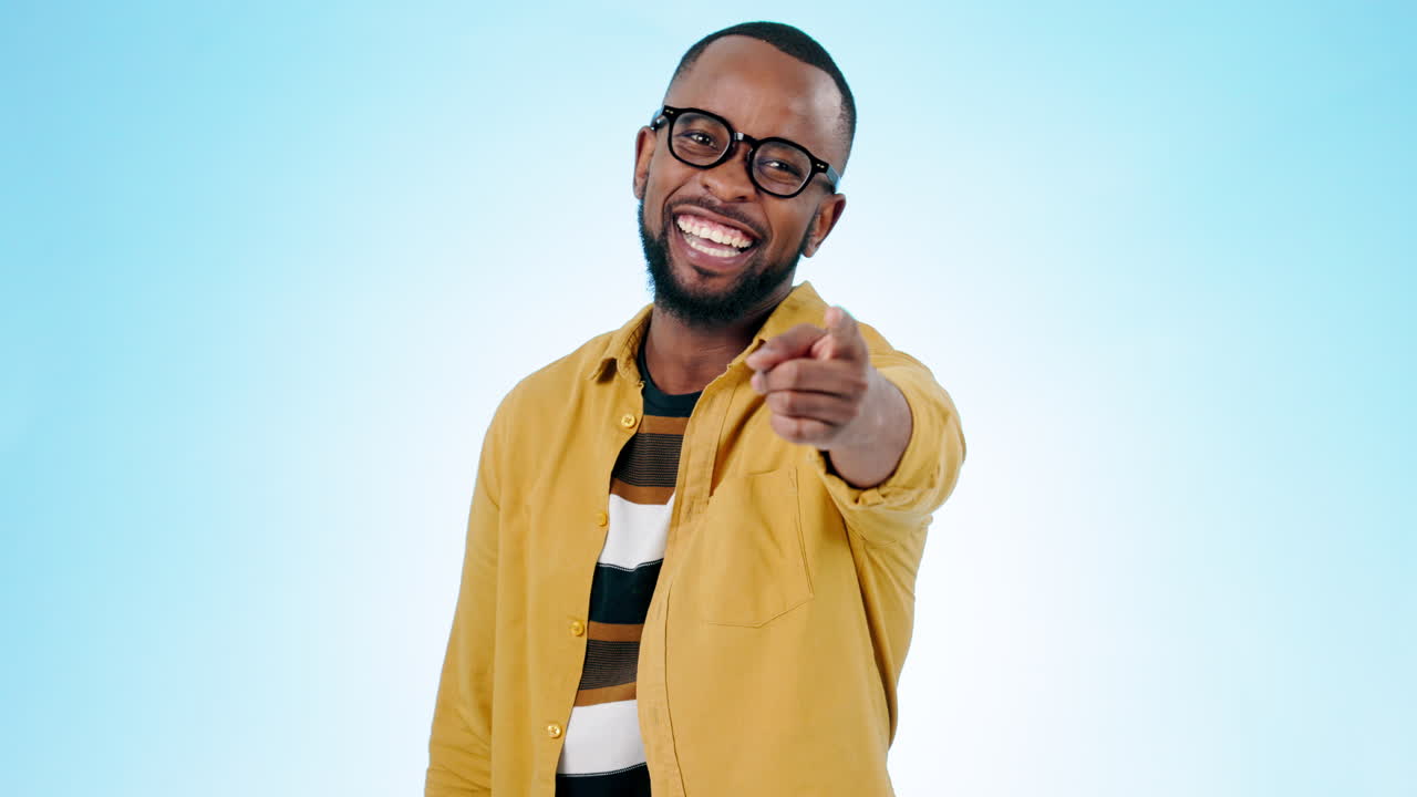 Pointing, you and face of black man on blue