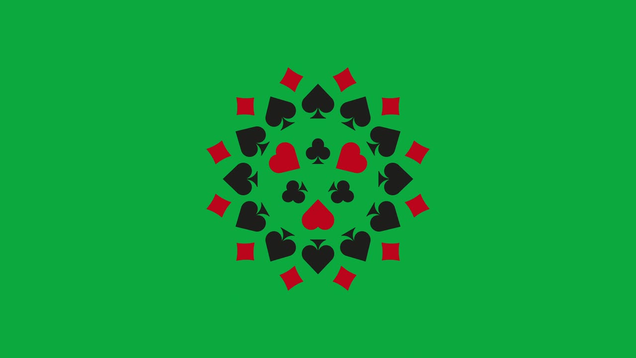 Su uno sfondo verde, una rosetta animata con simboli delle carte da gioco (Quadri, Fiori, Cuori e Picche) per un concetto di gioco d'azzardo grafico in movimento minimale