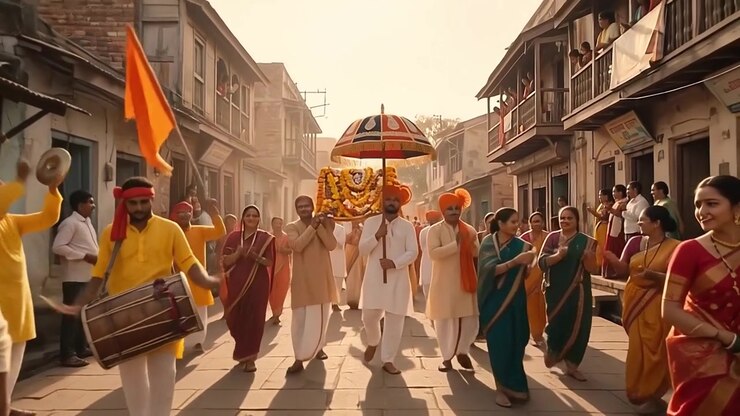 Indiani che partecipano a una processione religiosa tradizionale