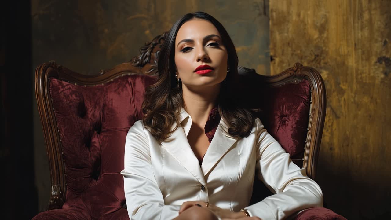 Donna elegante in posa su una lussuosa poltrona di velluto rosso.