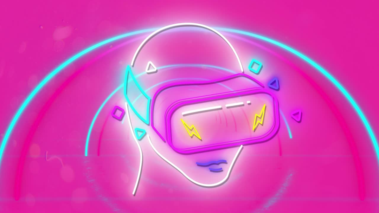 Animazione di una testa al neon che indossa un visore VR su uno sfondo al neon vibrante