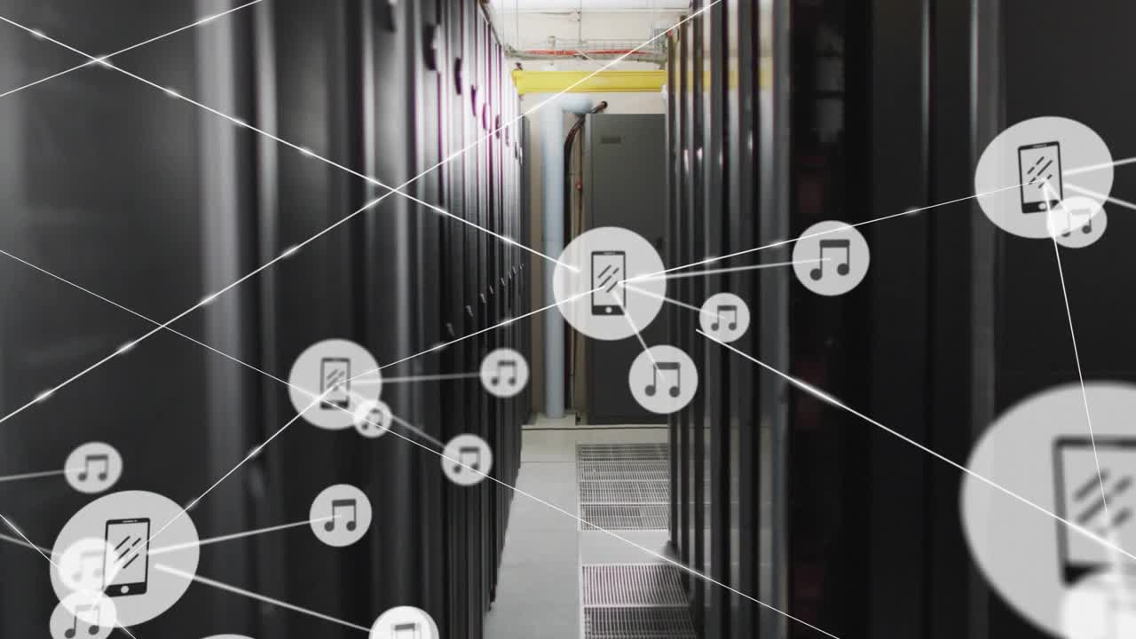 Server aisle receiving network ping, white nodes appearing and connecting to visualize traffic flow