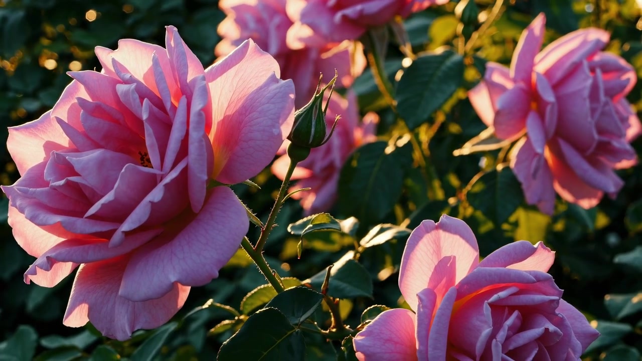 Rosas rosadas floreciendo en un jardín a la hora dorada