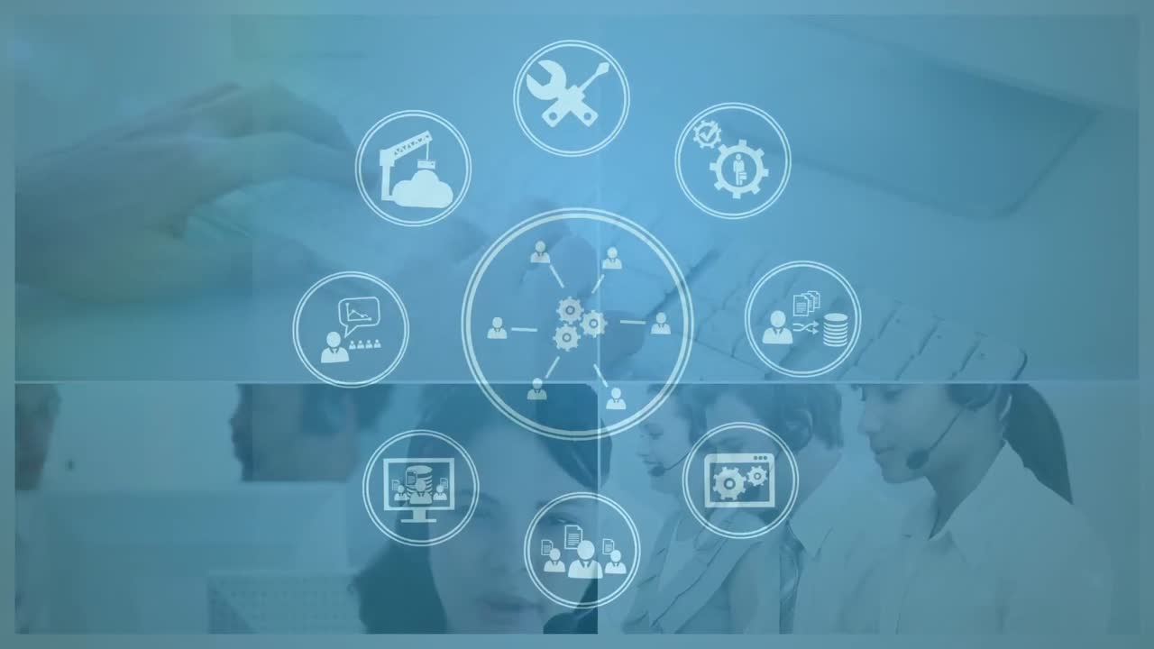 animación de la red de conexiones con iconos sobre personas de negocios que usan auriculares telefónicos