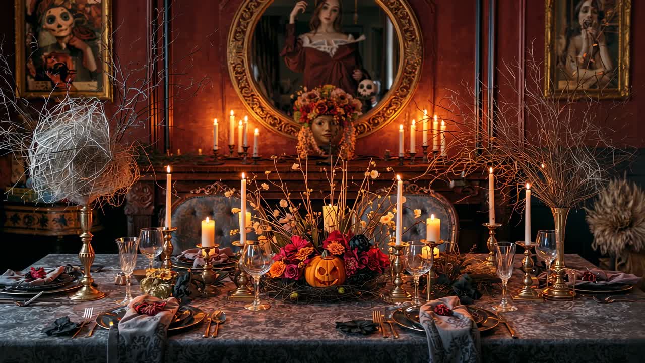 Scene opening showing dining table glowing in candlelit hall, with carved pumpkin and flowers