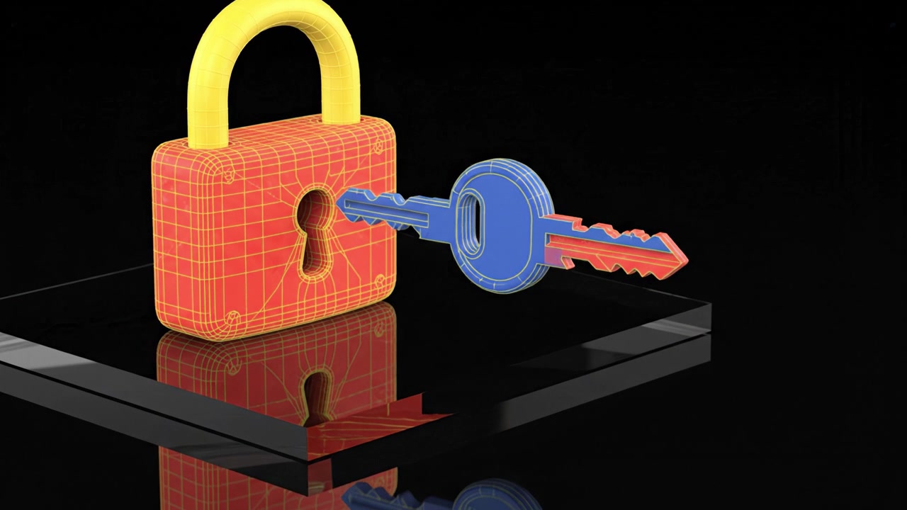 Un lucchetto colorato modellato in 3D su una superficie riflettente, che mostra un design vivace, enfatizzando la sicurezza e il concetto di salvaguardia delle informazioni preziose