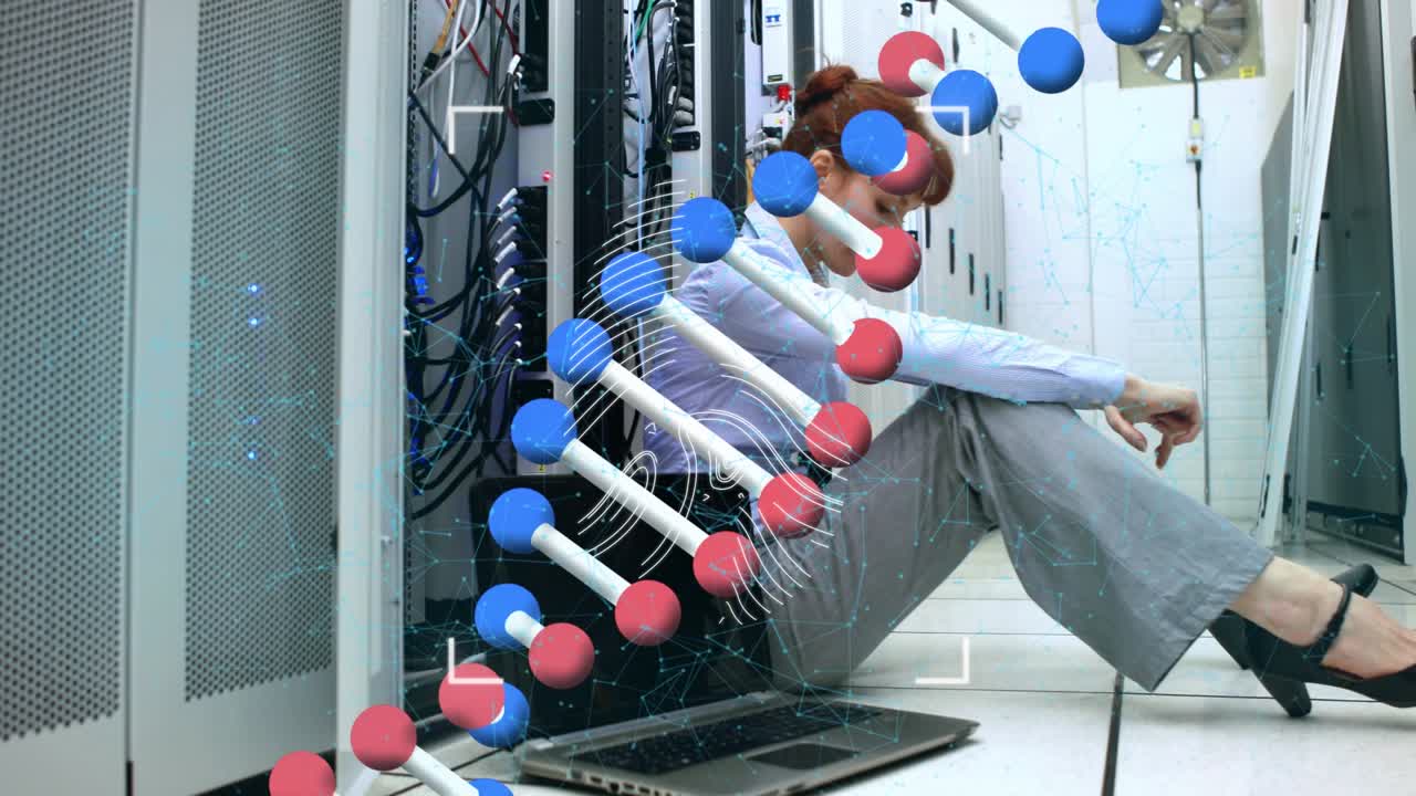 Animation of dna, fingerprint scan over woman working in server room