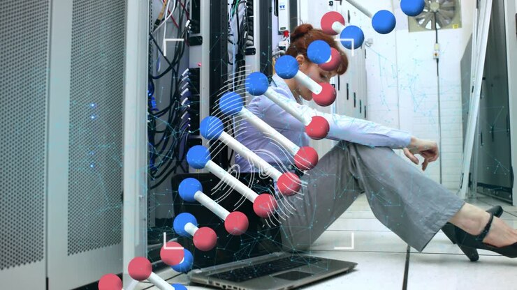 Animation of dna, fingerprint scan over woman working in server room