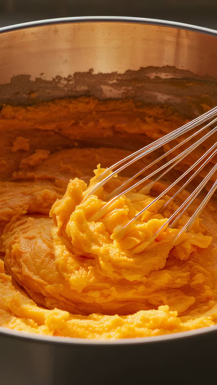 Vertical video: Lowering wire whisk folding and whipping orange mash in metal pot to smooth texture