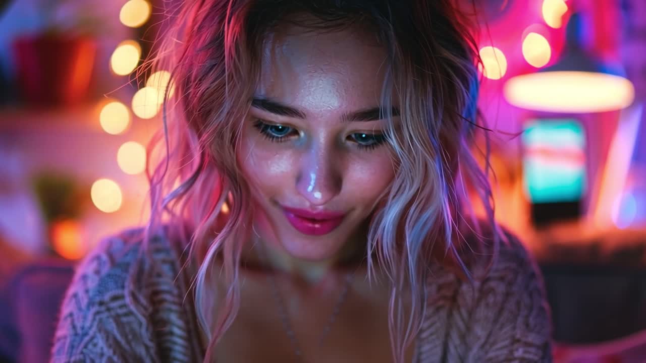 Young Woman Engaged with a Digital Device Under Colorful Lights