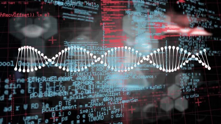 Animation of data processing and dna structures spinning over hexagonal shapes on black background