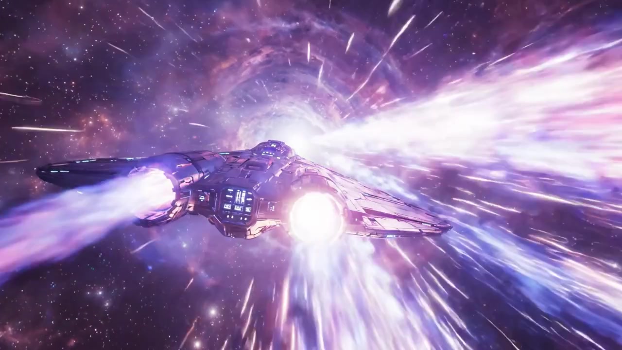 A Futuristic Spacecraft Engaging in a Dramatic Wormhole Passage, Showcasing Stunning Colors and Celestial Phenomena in an Intergalactic Journey