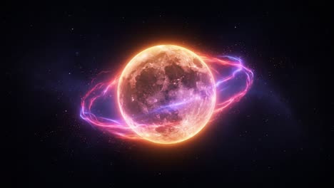 A Glorious Celestial Display Featuring a Radiant Moon Surrounded by Vivid Energy Rings, Illuminating the Depths of Space with Stunning Artistic Effects and Vibrant Colors