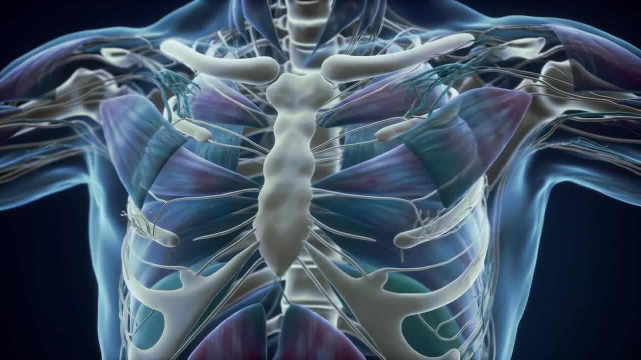 Detailed Visualization of the Human Chest Anatomy: Transparent Structures Demonstrating Ribcage, Muscles, and Organs in a High-Definition Graphic Representation