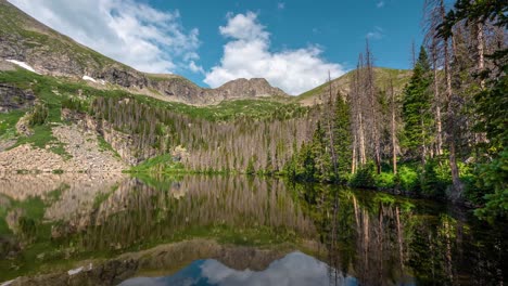 timelapse, pristine alpine lake and moving clouds above mountain hills on sunny summer day