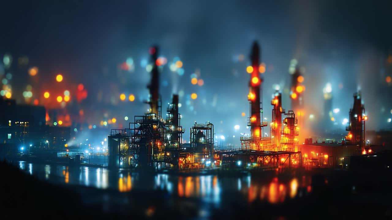 Dramatyczna nocna scena kompleksu przemysłowego oświetlonego jaskrawymi światłami i wydobywającego parę, uchwycająca esencję miejskiej energii i przemysłu