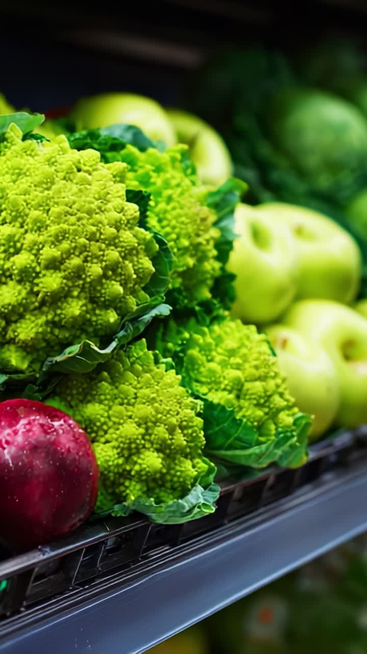 Colorata esposizione di frutta e verdura fresche in un mercato: cavolfiore romanesco di un verde intenso, mele croccanti e una mela rossa circondata da verdure a foglia verde