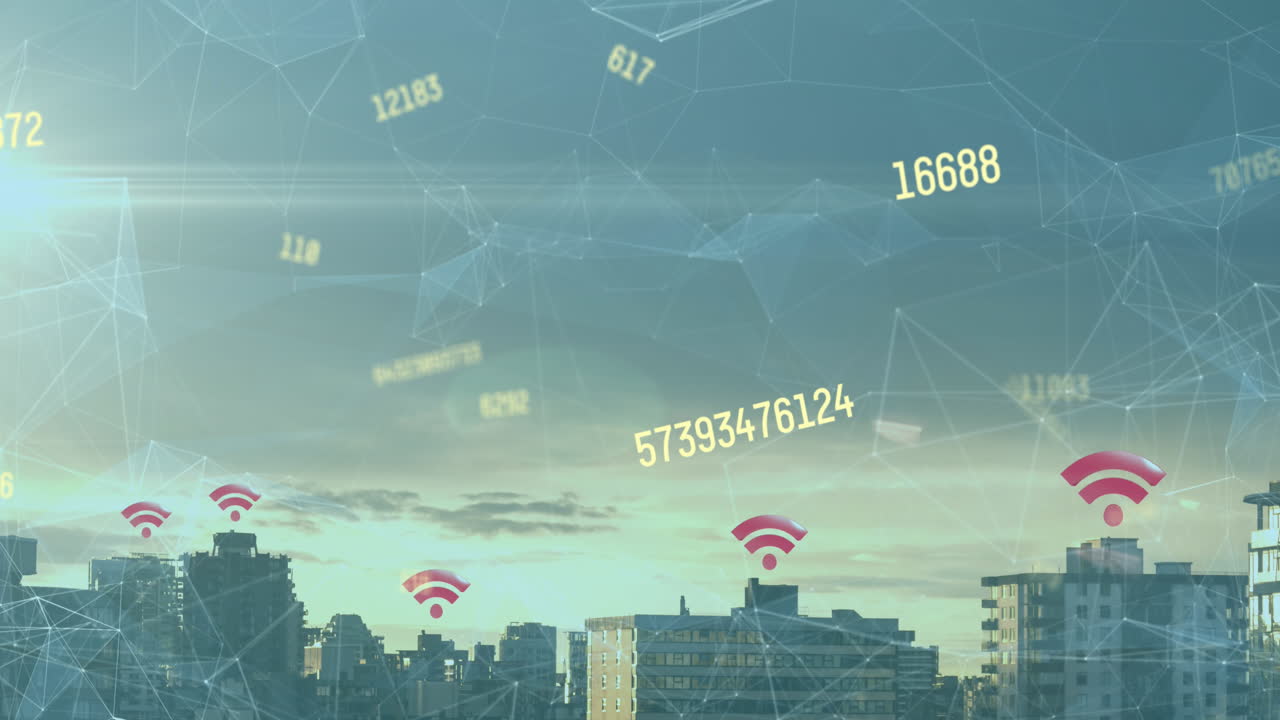 animación de números flotantes con red de conexión e iconos de red sobre un paisaje urbano