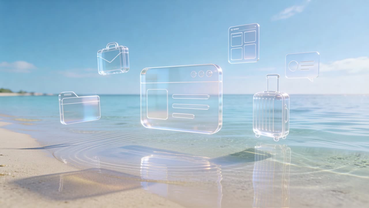 Ripples causing glass icons hovering above shallow surf at beach, browser and suitcase