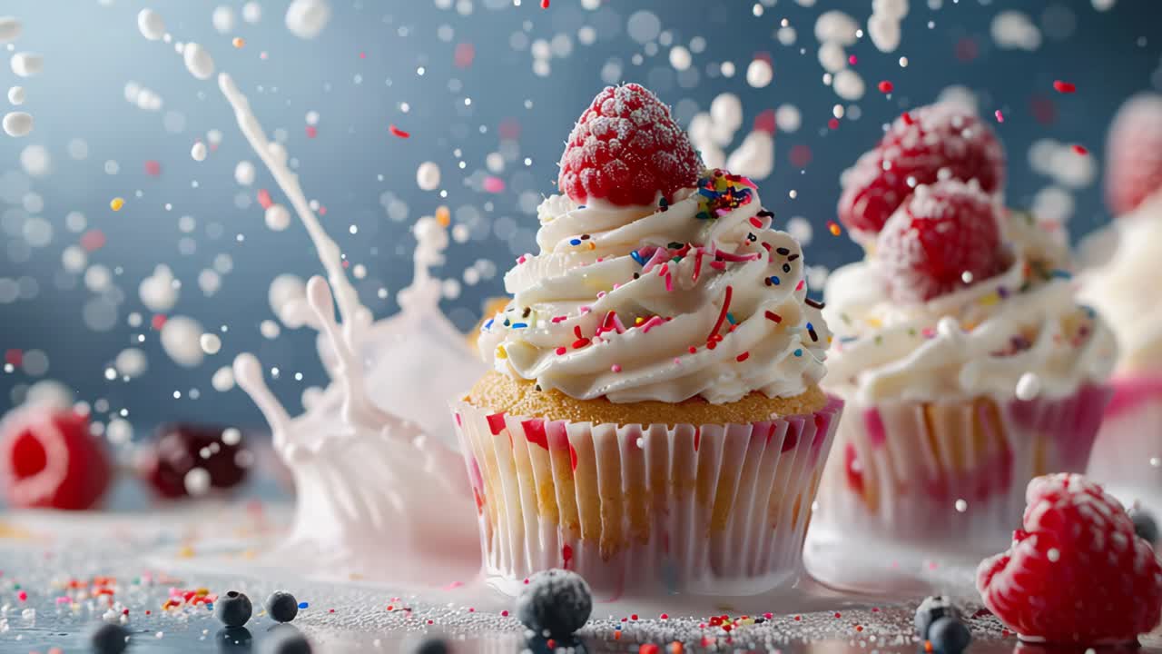 Delicious Cupcakes with Raspberry and Milk Splash