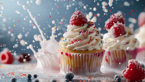 delicious cupcakes with raspberry and milk splash