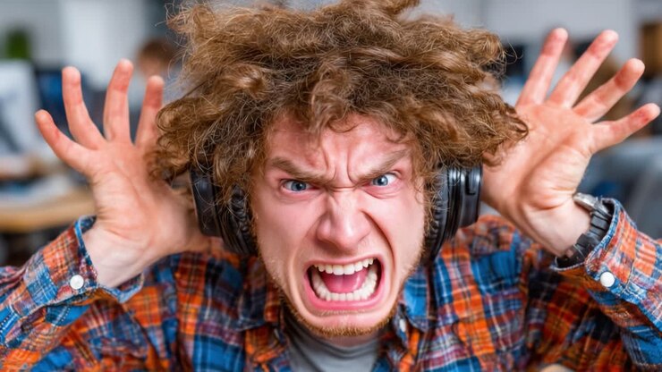 Jeune homme frustré avec des cheveux ébouriffés et un casque, exprimant une émotion intense au milieu du bruit de fond dans un environnement animé