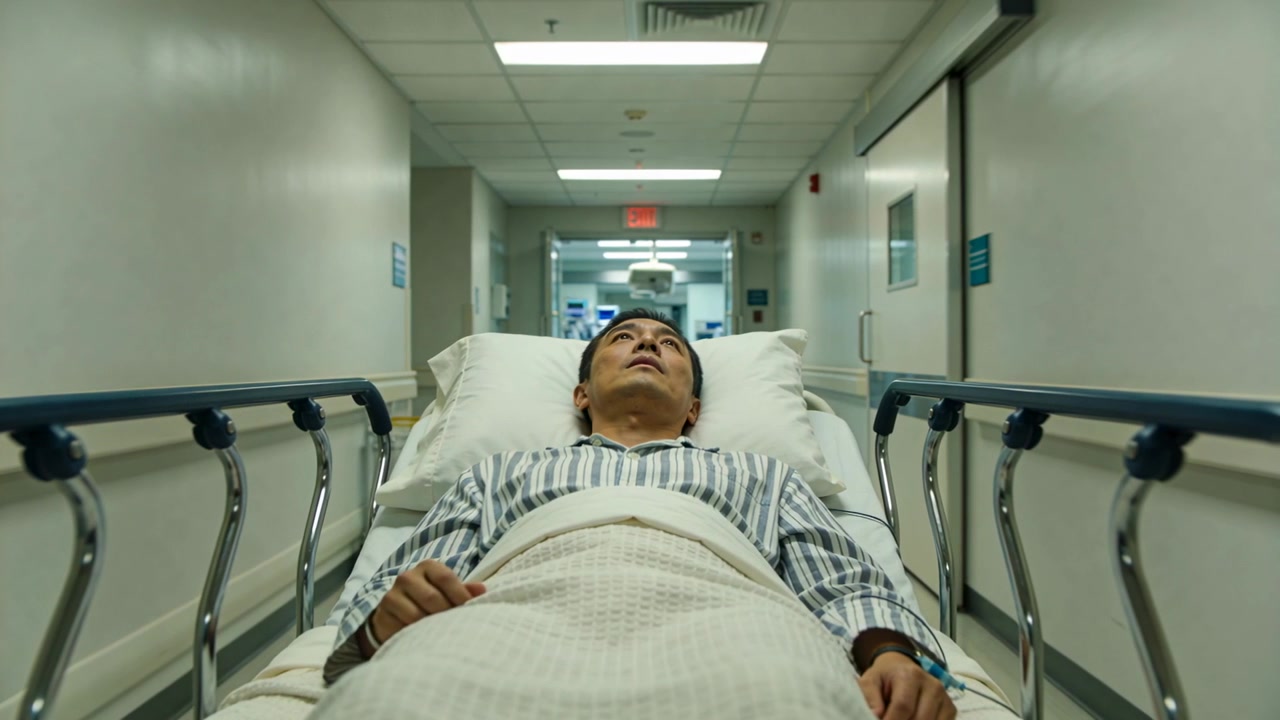 Personale che spinge una barella con un paziente in camice a righe lungo il corridoio dell'ospedale per le cure, con la flebo al polso in vista.