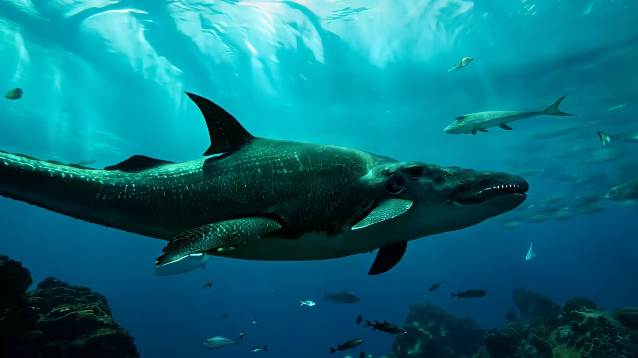 바다에서 수영하는 큰 상어와 그 주변에 많은 물고기