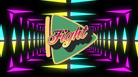 animation of fight text over green play button on neon yellow, blue and pink triangles in background