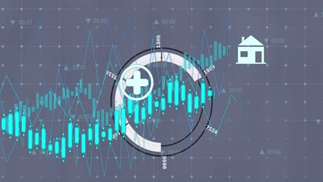 Animation-of-digital-icons,-data-processing-and-round-scanner-over-grid-network-on-grey-background