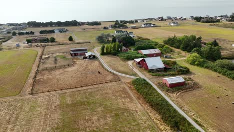 aerial view of a classic red barn with a horse and harvested fields nearby