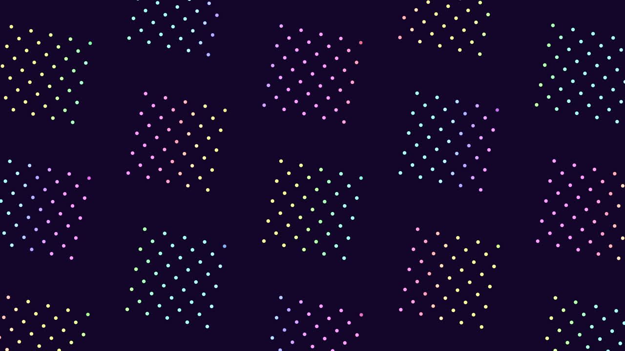 puntos de mosaico vibrantes en tonos de púrpura, azul y verde sobre un fondo oscuro