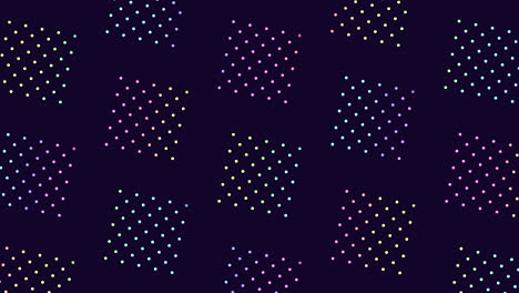 puntos de mosaico vibrantes en tonos de púrpura, azul y verde sobre un fondo oscuro