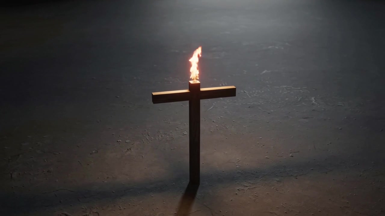 Flickering flame atop wooden cross post reacting to light shift, casting long shadow on dim floor
