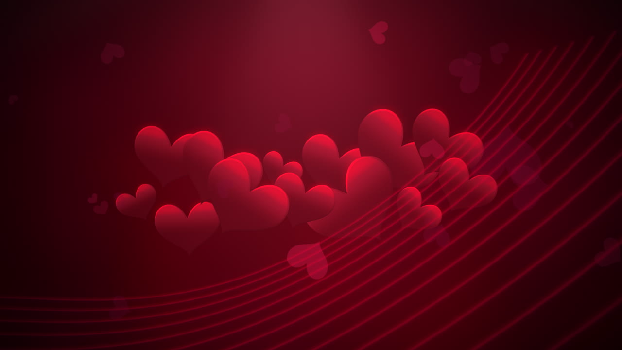 animación closeup movimiento pequeños corazones románticos con líneas abstractas sobre fondo rojo brillante día de san valentín.