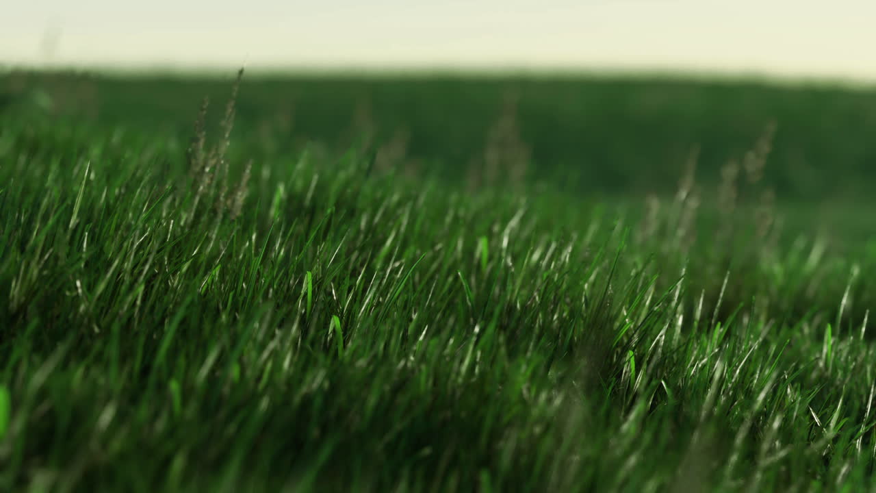 Freshly grown grass swaying gently in the breeze during a sunny day