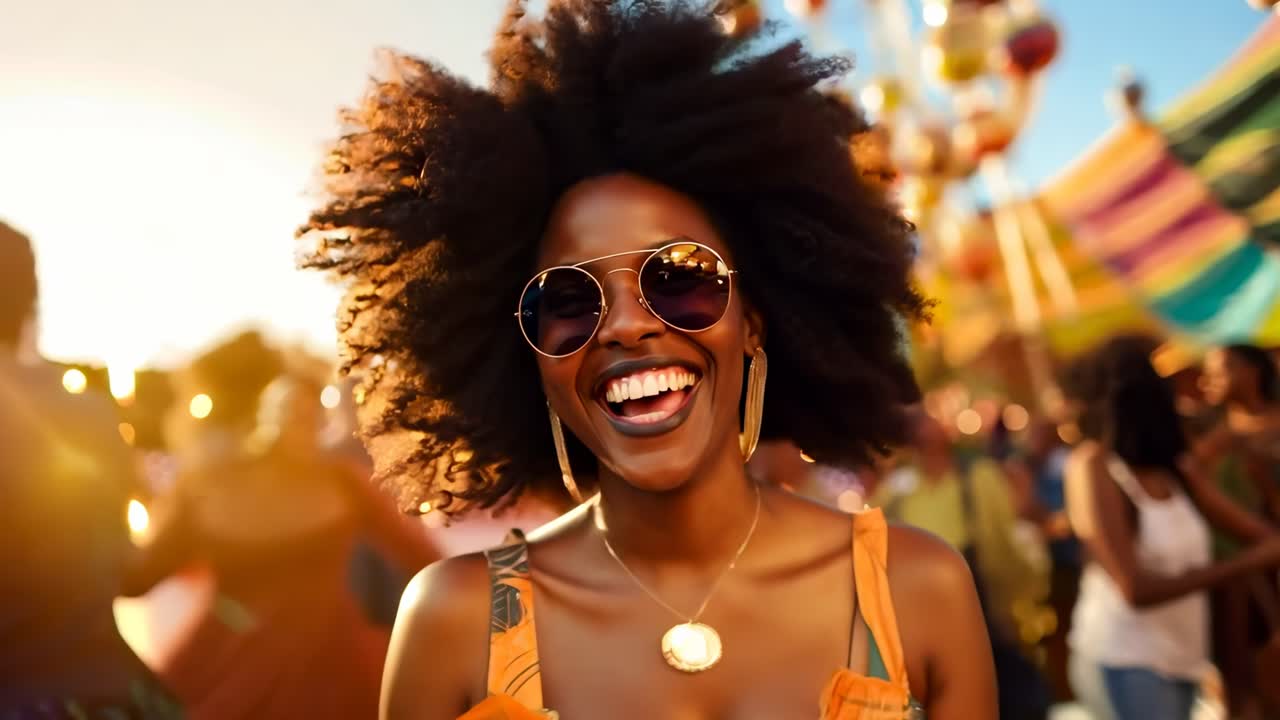 Smiling woman at a festival, wearing sunglasses and hoop earrings