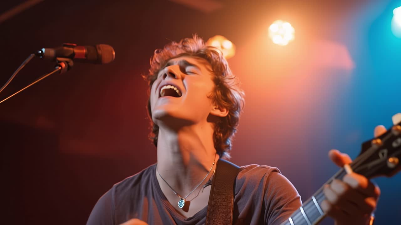 Young Man Singing and Playing Guitar on Stage with Dynamic Lighting