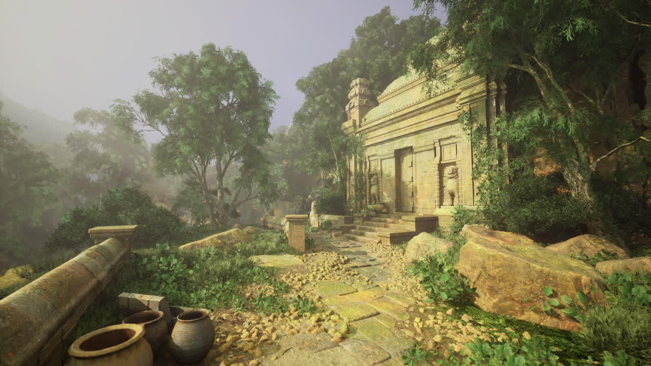 Ancient temple in a lush forest during early morning light