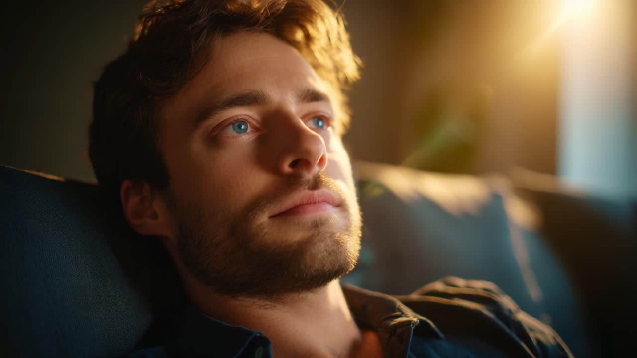 A Contemplative Moment: A Young Man Deep in Thought, Relaxing on a Couch with Soft Light Illuminating His Face, Capturing Emotion and Serenity