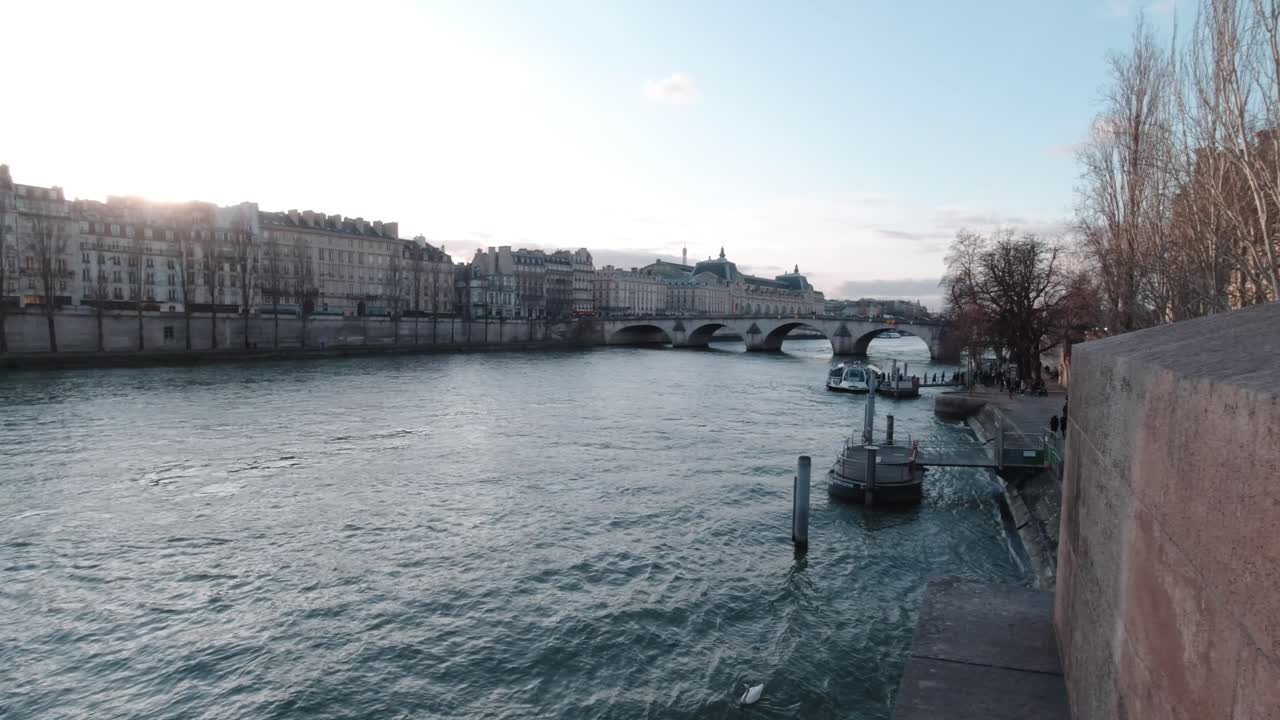 View of Seine river in Paris during evening in slow motion