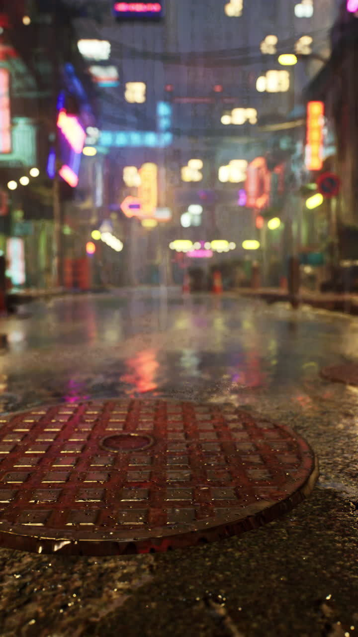 네온 도시에서 비가 오는 밤