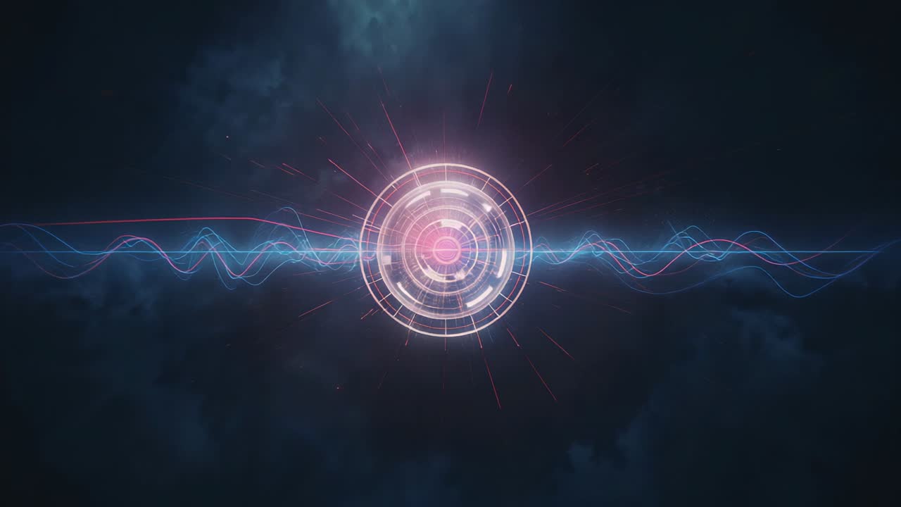 Forming holographic interface pulsing waveform rotating rings and sparks over cosmic backdrop