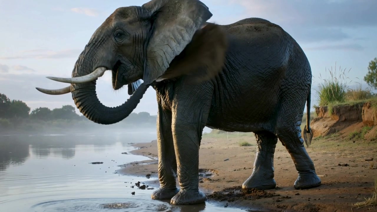 Elefante adulto che cammina, abbassa la proboscide, raccoglie acqua e beve sulla riva nebbiosa del fiume, creando increspature.