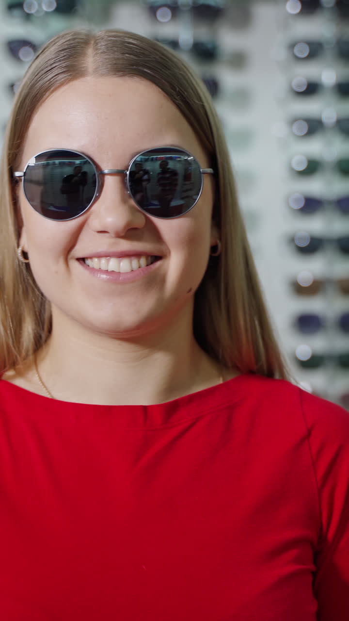 Young woman with eyeglasses. Woman in sunglasses standing in optic store
